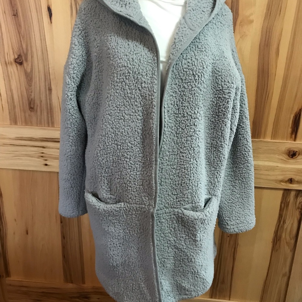 Olive & Oak Hooded Open Front Sherpa Cardigan Pockets Size Large Grey